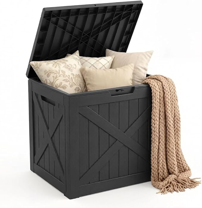 Mars Villa 31 Gallon Barn Style Deck Box, Outdoor Storage Box Waterproof, Lockable Lid, Weatherproof and UV Resistant Resin Storage Bin for Patio Furniture Cushions, Pool Supplies, Garden Tools, Black