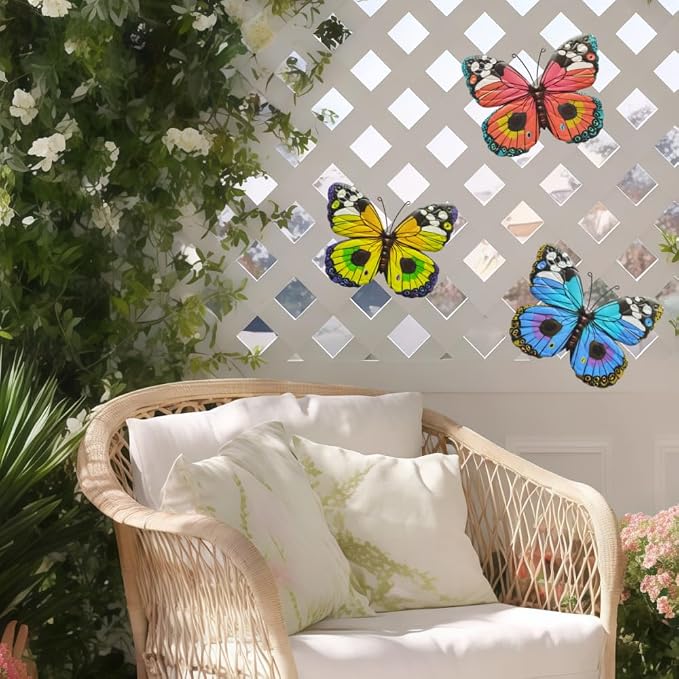 Hanging Butterfly Decorations Fence Decor 3 Pieces Metal Colourful Butterflies Outdoor Wall Art for Garden, Patio, Outside, Home, Farmhouse, Living Room, Dining Room, Rustic Country