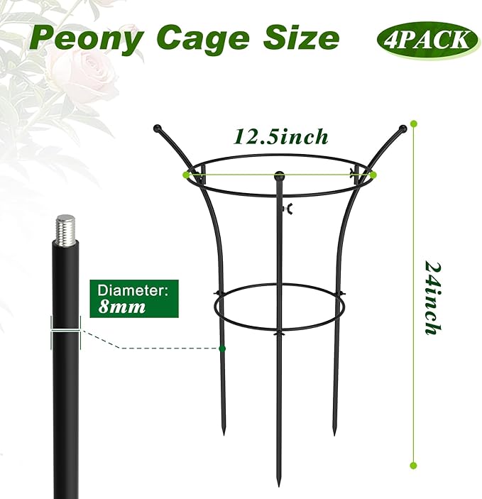 4 Pack Peony Cages and Supports, 12.5" Dx24 H Plant Supports for Outdoor Plants, Double-Ring Metal Peony Support Cage, Natural Bouquet Shape Plant Support Rings for Rose Tomato Hydrangea Strawberry