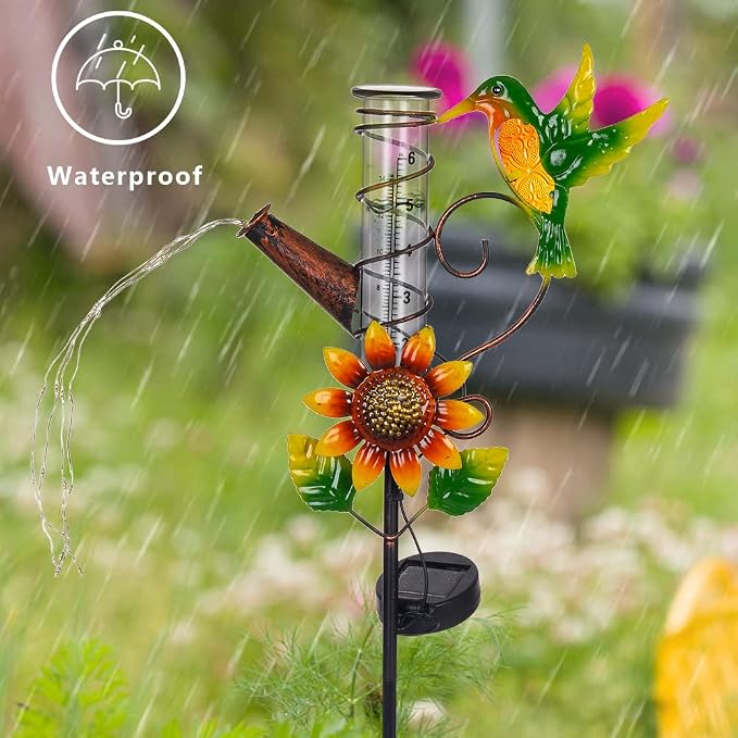 Rain Gauge Outdoor, Solar Hummingbird Rain Gauges, Rust-Proof Fallrain Gauge for Yard, Lawn Pathway, Passage, Patio