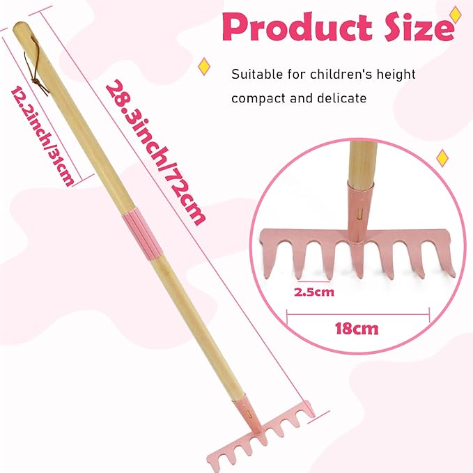 Kids Garden Lawn Tine Rake-Small Lawn Heavy Rake with Metal Tines, 28.8 inches/73cm Length, Wooden Handle, for Kids Garden Labor (Pink)