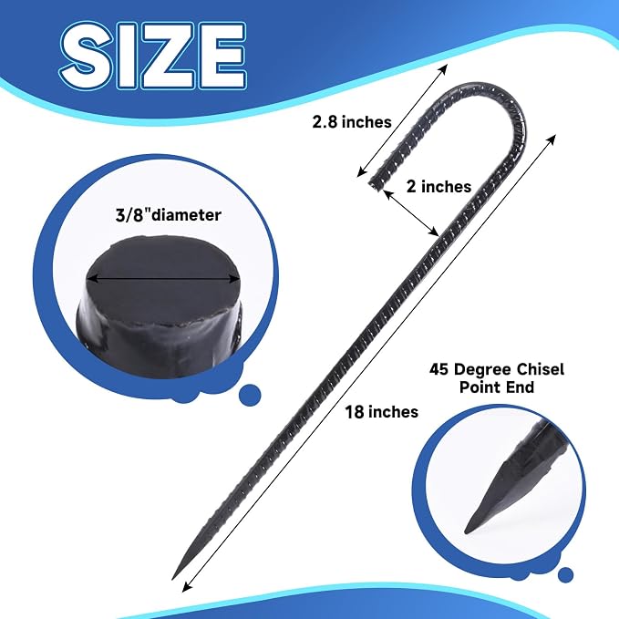 Homwin 18 inches J Hook Rebar Stakes(16 Pack) 3/8" Thick Ground Stakes Heavy Duty Fence Anchors Black, Extra Long Tent Stakes for Camping, Canopy, Trampoline, Garden Fence & Carport