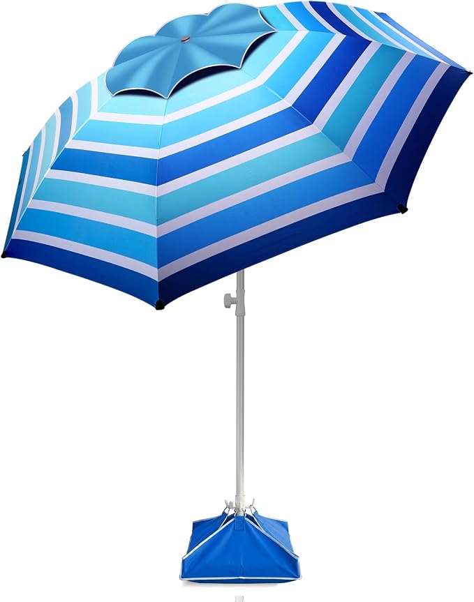 Fisqueen 8FT Large Beach Umbrella with Level 7 Wind Resistance Sand Anchor Sand Bag, Portable Outdoor Umbrella with UPF50+ UV Protection, Tilt Sun Shelter for Beach, Patio, Yard
