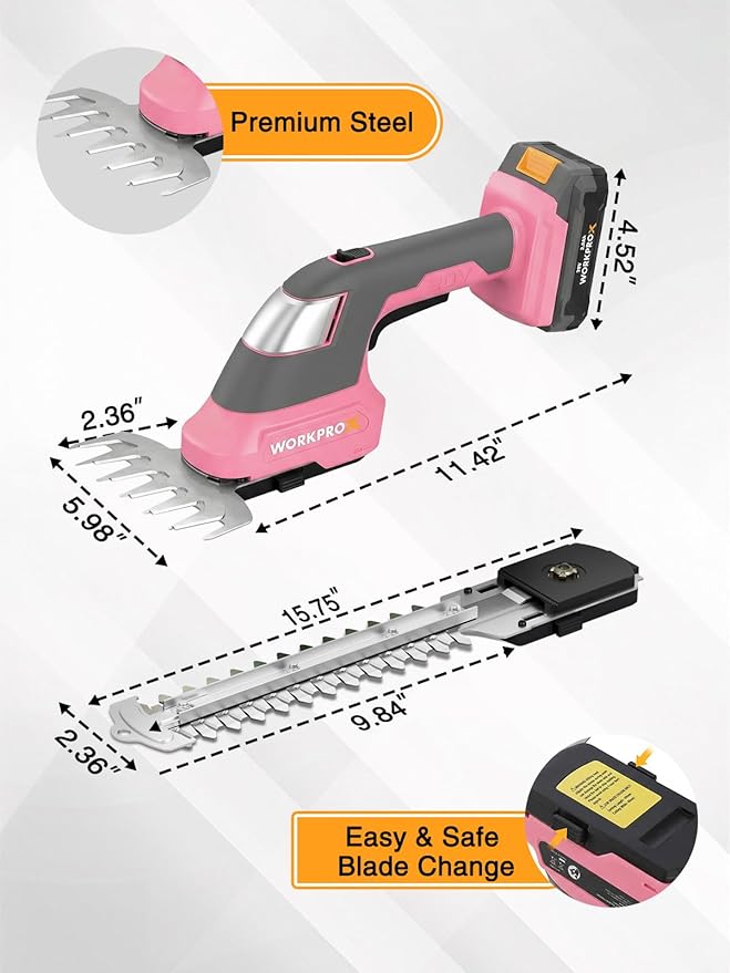 WORKPROX 20V Pink Cordless Grass Shear & Shrubbery Trimmer - 2-in-1 Handheld Electric Grass Trimmer Hedge Shears/Grass Cutter with Tool Bag, Rechargeable Lithium-Ion Battery and Type-C Cable Included