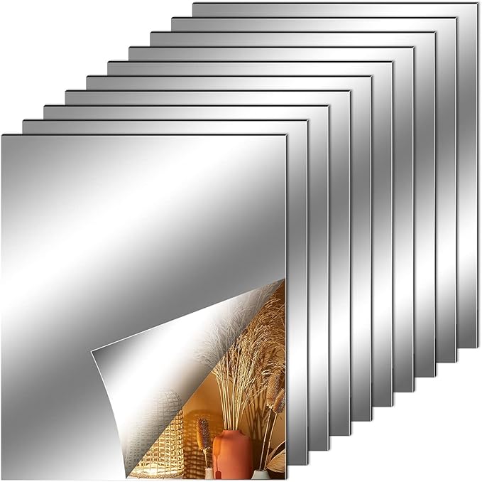 Fantasyon 10 Pieces Flexible Mirror Sheets, Self Adhesive Decorative Plastic Mirror Tiles Non-Glass Mirror Stickers for School Educational and Home Wall Decor(6x9 Inch)