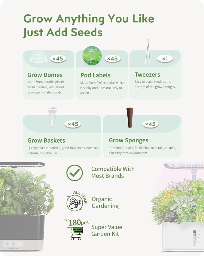 URUQ 180Pcs Hydroponic Pods Supplies: Grow Anything Kit with 45 Grow Sponges, 45 Grow Baskets, 45 Grow Domes, 45 Pod Labels - Compatible with Hydroponics Growing System Indoor Garden from Most Brands