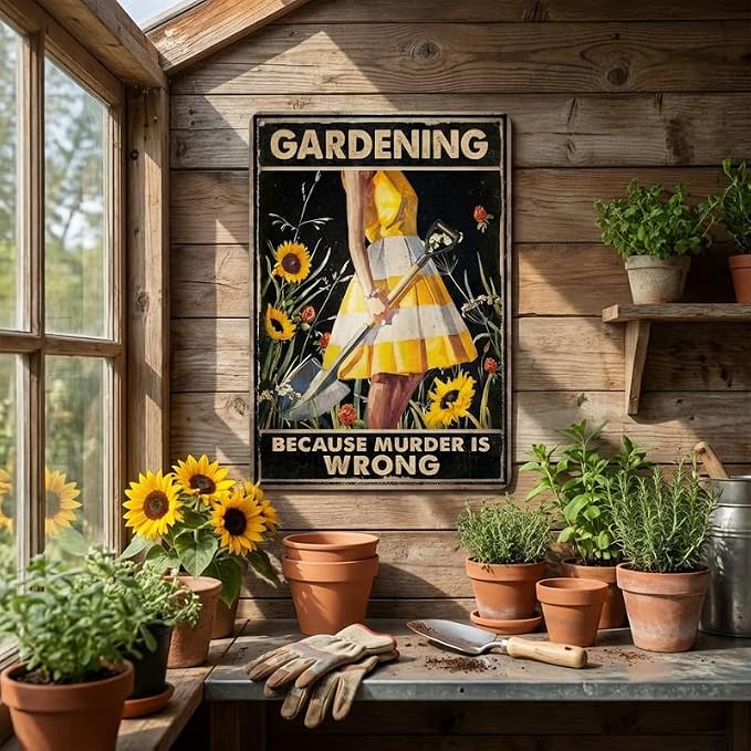 Funny Gardening Metal Sign, "Gardening Because Murder Is Wrong" Vintage Poster, 8x12 Inch Aluminum Garden Decor for Outside Yard Patio, Humorous Gift for Gardeners Women Mom