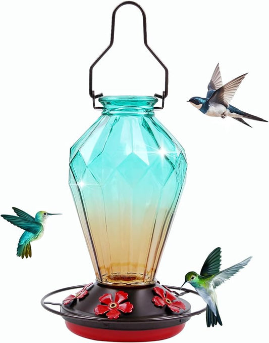 2 Pack Glass Hummingbird Feeder for Outdoors Hanging, 25Oz Humming Bird Nectar Feeder, Perch, 5 Flower Feeding Ports, Leak Proof Base, Hook for Outside Garden Backyard, Diamond Green
