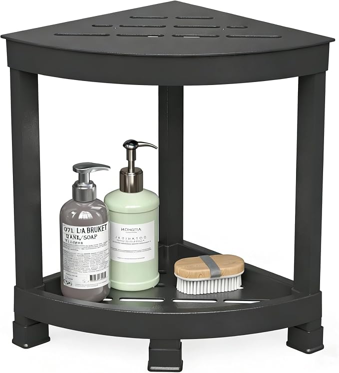 GallopFun Corner Shower Stool for Inside Shower, Waterproof Shower Bench for Shaving Legs, Plastic Anti-Fracture Shower Seat/Foot Rest with Baffle Storage Shelf, Rapid Assembly DIY Shelf (Black)