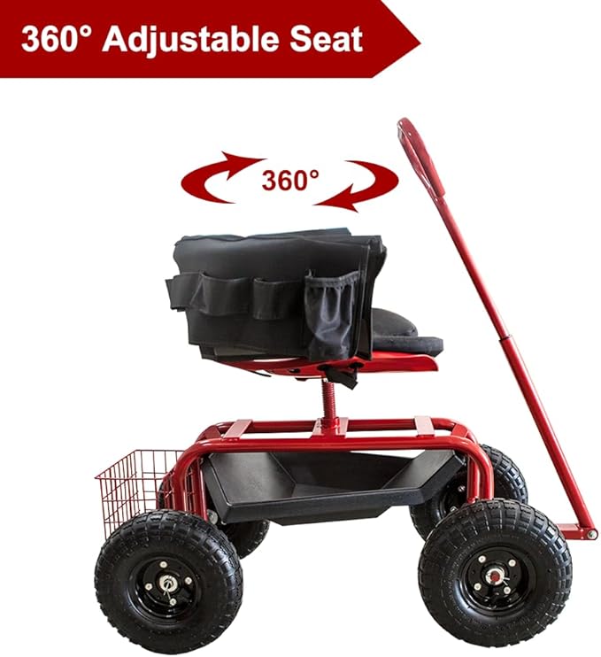 THUNDERBAY Garden Cart Rolling Workseat with Wheels, 360 Degree Swivel Seat, Wagon Scooter with Steering Handle & Utility Tool Tray for Planting, with Storage Basket and Tool Pouch, Red