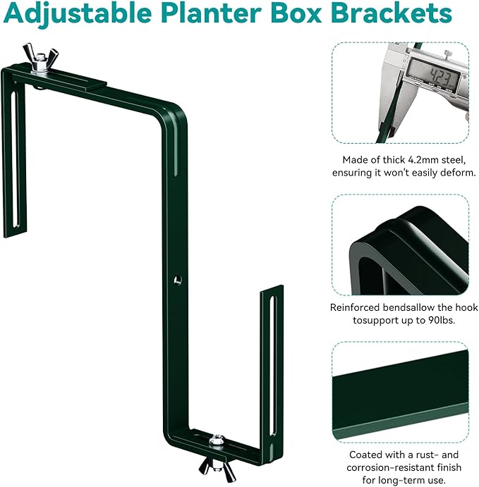 Adjustable Planter Box Brackets,Enhanced Bottom Support,Universal Outdoor Hanging Brackets,Flower Box Brackets for Fence Railings, Windowsill, Patio, Garden,Balcony. (6, Green)