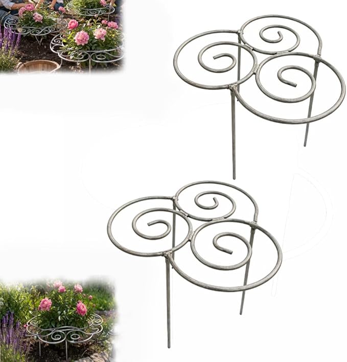 Metal Plant Support Ring for Garden, Peony Cage Stand, Indoor Pots, Flower Hoop, Decorative Grow Through Rings, Stackable Houseplant Stake, Dahlia Cage, Outdoor Orchid Clip(2PCS,Small)