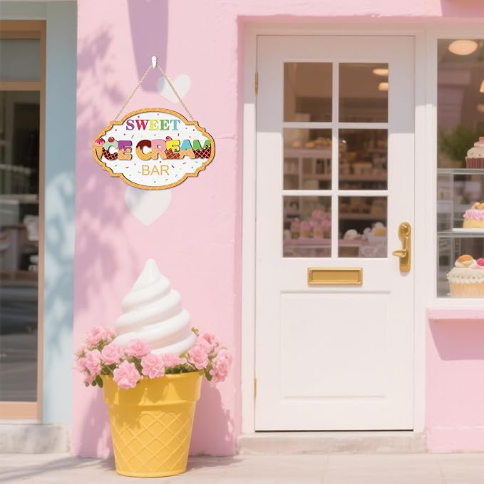 HOURIA Colorful 3D Ice Cream Summer Wooden Sign (11.4”x7.5”), Vintage Sweet Ice Cream Bar Sign Hanging Plaque,Sweet Summer Themed Wall Decor for Birthday Party Shop Holiday Home Decor