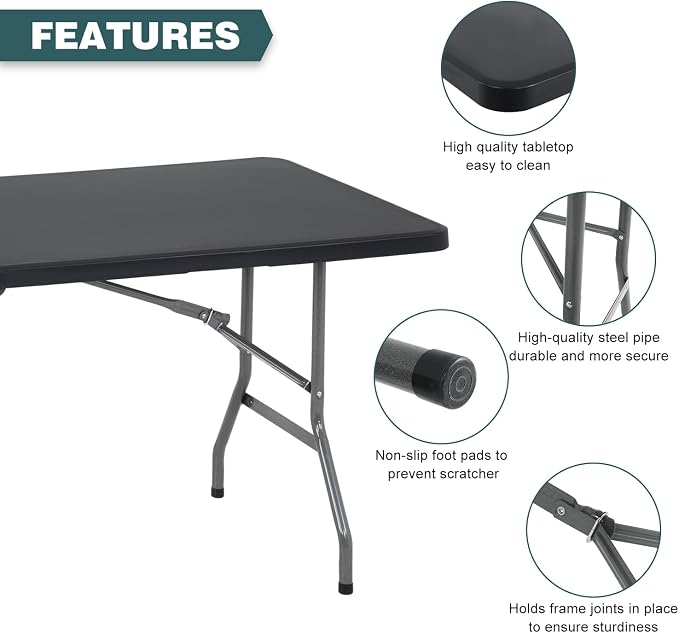 FDW 6 Foot Outdoor Dining Table, Foldable Portable Rectangular Plastic Folding Table with Built in Carrying Handle for Party and Wedding Use, Black