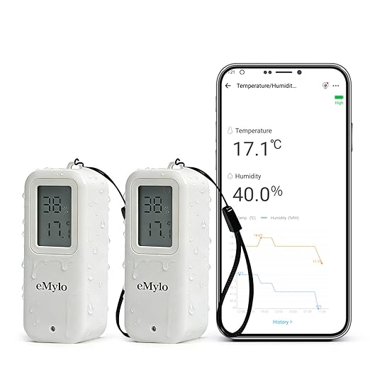 eMylo Zigbee Temperature Humidity Sensor 2 Pack, IP65 Waterproof Smart Thermometer Hygrometer for Multi-Room Monitoring, Compatible with Echo SmartThings Home Assistant Tuya, Hub Required