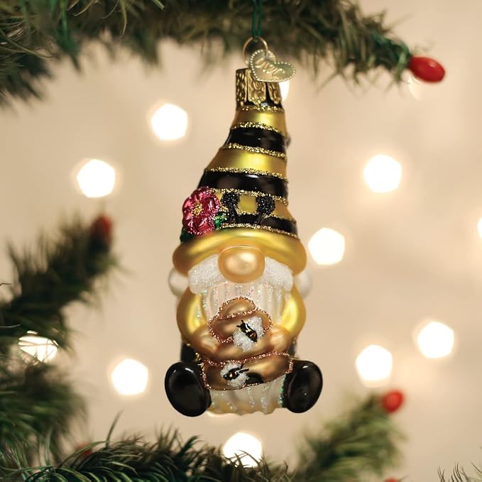 Old World Christmas Bee Happy Gnome Glass Blown Ornament for Christmas Tree, Handcrafted Holiday Decoration, Gnome Collection