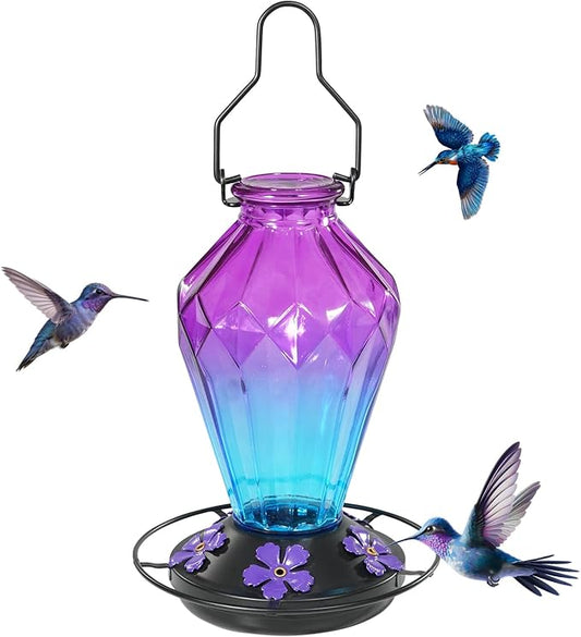 2 Pack Glass Hummingbird Feeder for Outdoors Hanging, 25Oz Humming Bird Nectar Feeder, Perch, 5 Flower Feeding Ports, Leak Proof Base, Hook for Outside Garden Backyard, Diamond Purple