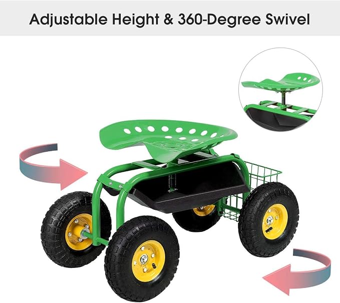S AFSTAR Rolling Garden Seat, Outdoor Lawn Yard Patio Work Seat with Heavy Duty Wheels, Swivel Seat, Tool Tray & Basket, Garden Cart Wagon Scooter (Green)