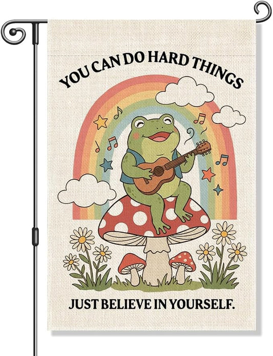 Perfectinsoy You Can Do Hard Things Just Believe in Yourself Funny Garden Flag, Positive Frog Flags, Inspirational Quote Feminist Gifts for Women Music Lovers, Welcome Home Farmhouse Outdoor Decor