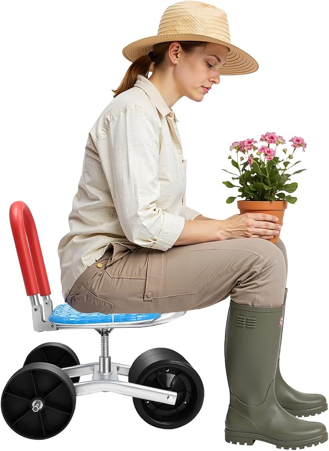 Rolling Garden Cart with 360° Swivel Seat,Rolling Stool Gardening Work Seat w/Wheels,Outdoor Lawn Yard Patio Stool Scooter for Planting Adjustable Seats Height and Direction Gardening Helper