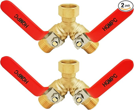 HQMPC Garden Hose Y Valve Splitter Brass Hose Splitter With Stainless Steel Long Handle Brass Garden Hose Adapter 2 Way Y Valve 3/4" GHT Thread 2pcs