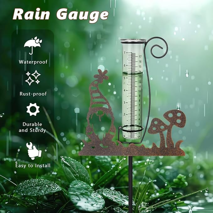 Rain Gauge Outdoor, Gnome Decorative Rain Gauges for Yard, Freeze Proof Rain Gauge with 7" Glass Tube, Metal Garden Stake for Measuring Precipitation