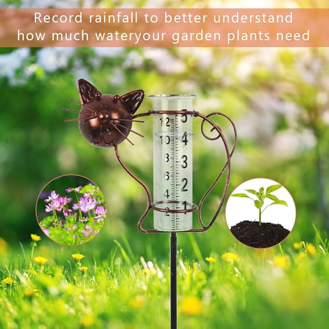 Rain Gauge with Large Clear Numbers, Rain Gauge Outdoor Garden Stake, 5-Inch Glass Tube Rain Water Gauges for Garden, Yard, Lawn, Patio(Cat)
