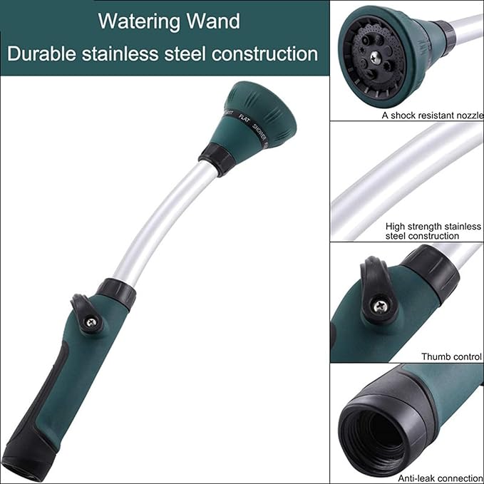 Alloy Watering Wand, Heavy Duty Garden Hose Wand, 15 Inch Hose Nozzle Sprayer with 8 Spray Patterns and Flow Control