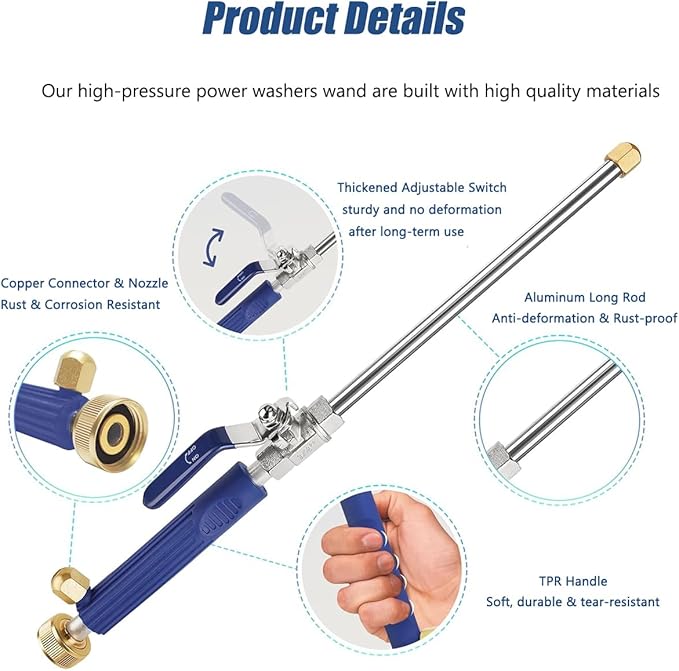 Hydro Jet High Pressure Power Washer - Magic Power Washer Extendable Wand, Flexible Water Hose Universal Nozzle, Gutter Patio Car Pet Window Cleaning (18inch-Blue)
