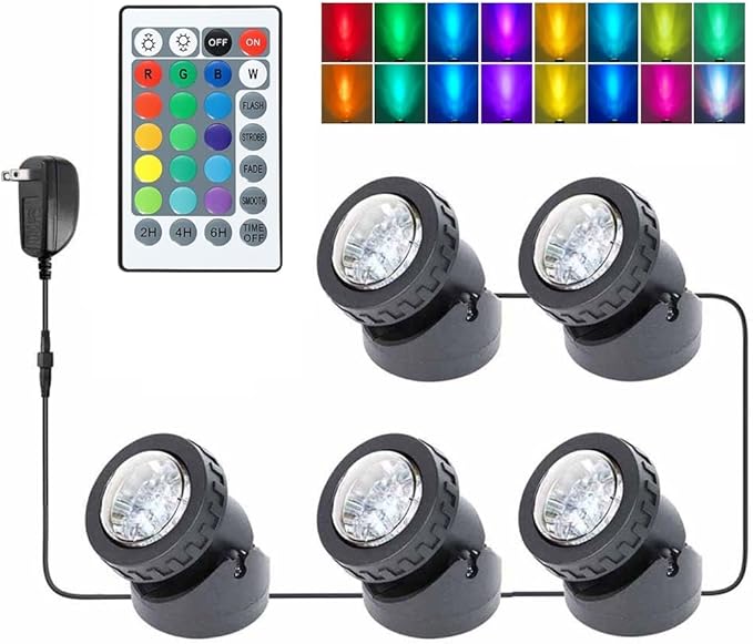 Pond Lights Colored with Timer Submersible Fountain Lights, 5 Lights | Weighted, IP68 Waterproof, Dimmable, Outdoor, Underwater, Color Changing, Landscape Lights, Memory