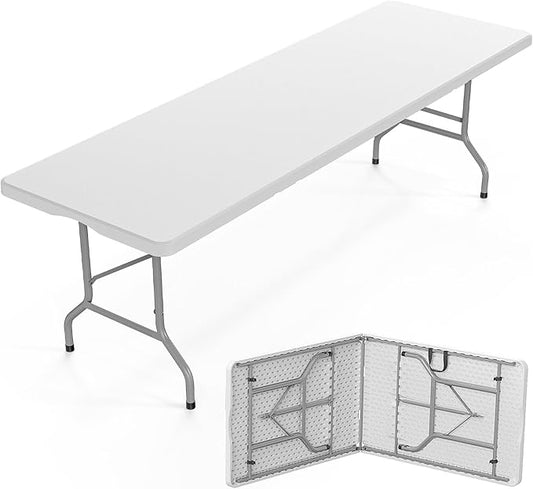 Bonnlo Folding Table 8ft, Portable Collapsible Plastic White Long Tables for Party, Camping, Banquet, Craft, Dining, Wedding, Outdoor and Indoor Use