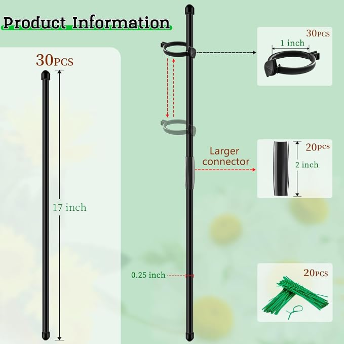 30Pcs Plant Support Stakes 17 inch SupKing Garden Orchid Sticks Extended to 3ft 4ft 5ft Plant Poles with Clips for Indoor Outdoor Potted Tomato Rose Amaryllis Vegetables Comes with 20 Ties(Black)
