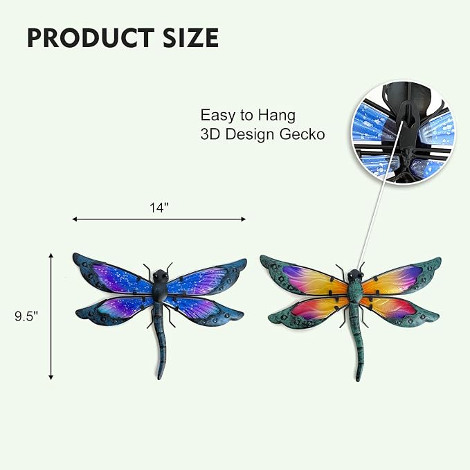 HONGLAND 2 Pcs Metal Dragonfly Decor, Dragonfly Outdoor Wall Decor, Metal Wall Art, Wall Sculptures Gifts Hanging Decorations for Garden Fence Yard Home-Orange&Blue