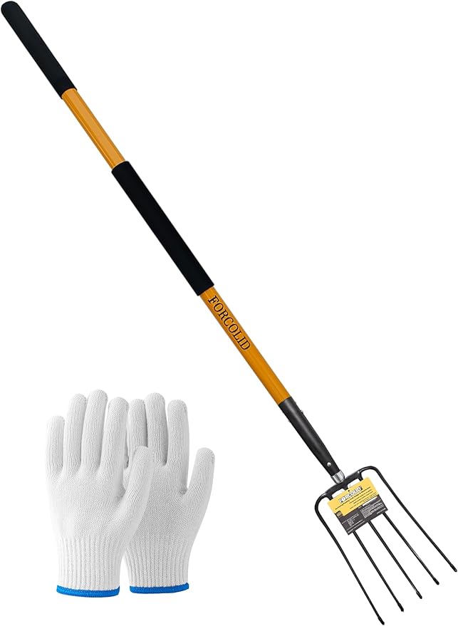 Pitch Fork for Gardening, 5 Tine Pitchfork Heavy Duty with Fiberglass Handle, 58 Inches(Orange)