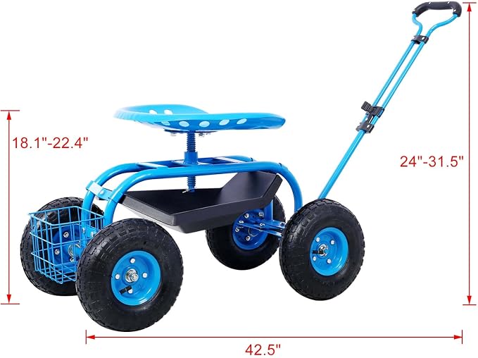 Rolling Garden Cart, 360 Swivel Gardening Seat with Wheels, Tool Basket, Adjustable Height, Outdoor Garden Workseat, Gardening Stool Scooter for Sitting (Blue)