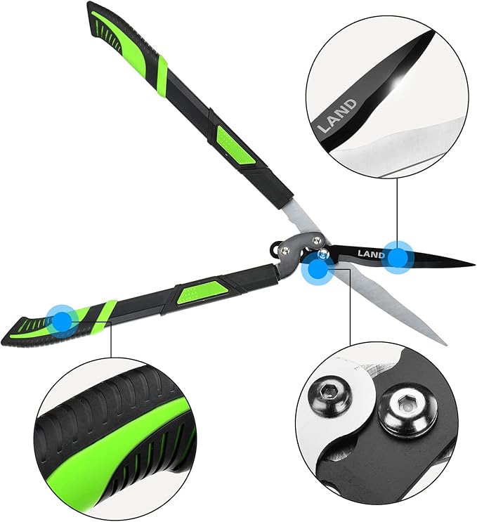 LAND Heavy Duty Telescopic Hedge Shears with Wavy Blade and Extendable to 29"-38" Steel Handles. Extendable Manual Hedge Clippers for Trimming Borders, Boxwood, and Tall Bushes.