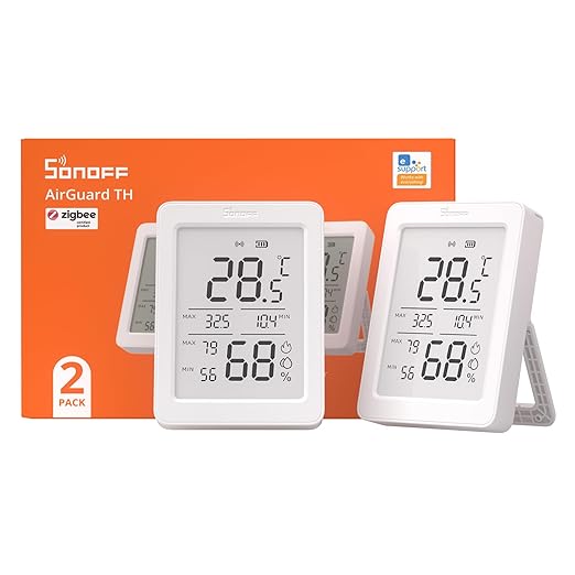 SONOFF AirGuard TH, SNZB-02DR2 Indoor Zigbee Temperature and Humidity Sensor, 3.6'' LCD Display, Thermometer Hygrometer with App Alert, Remote Monitor for Greenhouse Wine Cellar 2-Pack