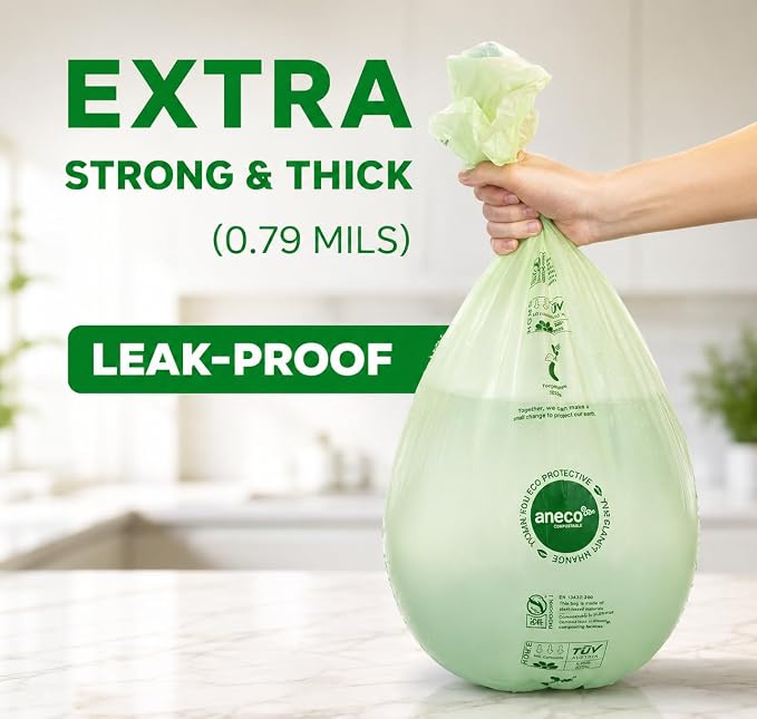ANECO Compostable Trash Bags 4 Gallon (Flat-Top, 100 Count), Extra Strong for Medium Kitchen Garbage, OK Compost HOME & BPI Certified Compostable