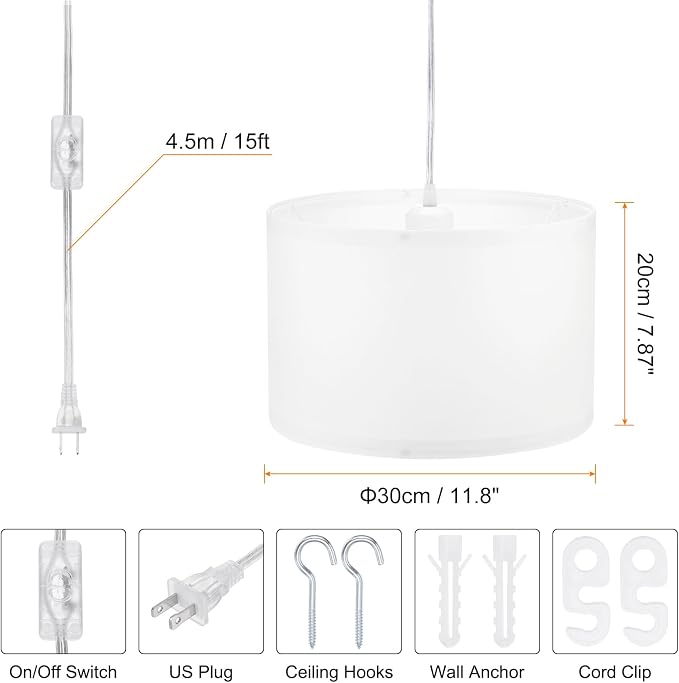 PATIKIL Plug in Pendant Light, 15Ft Rope Cord Hanging Lamp Fixture with ON/Off Switch, Fabric Shade E26/E27 Bulb Socket for Bedroom Kitchen Living Room, White