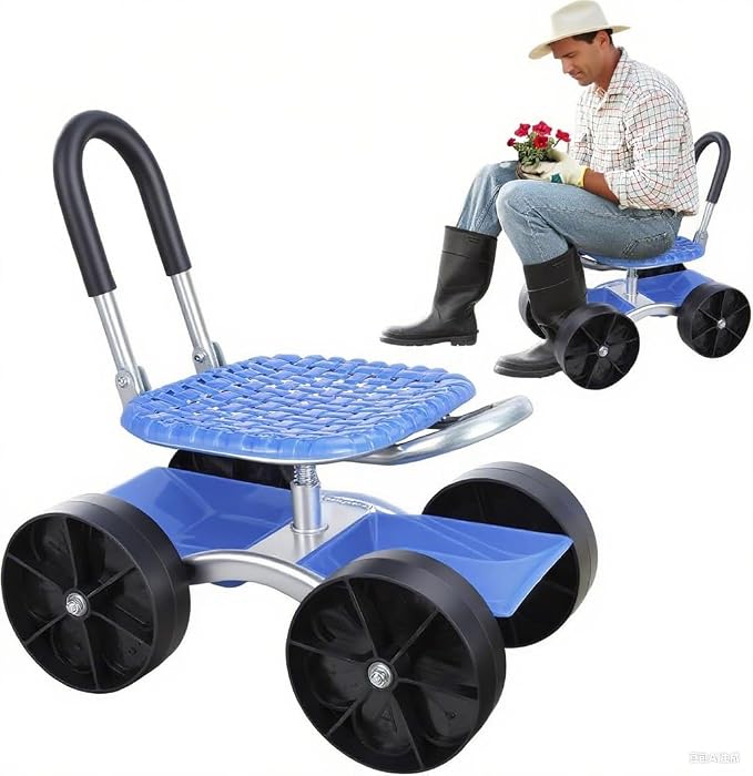 Garden Cart Rolling Workseat with Wheels,Height Adjustable Gardening Stool for Planting,360 Degree Swivel Seat, Picking Rotary Tool Cart for Outdoor, Patio and Yard Blue