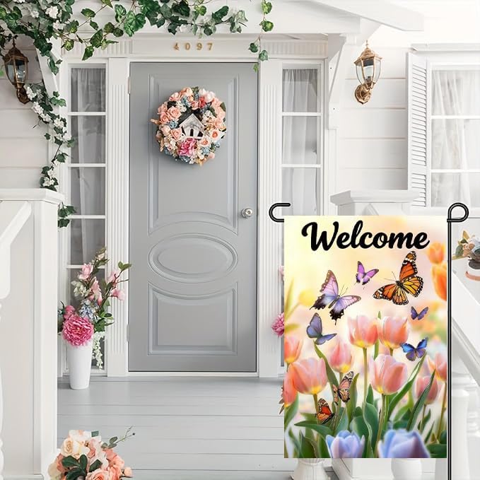 Spring Summer Garden Flag 12x18 Double Sided, Small Burlap Flowers Tulip Welcome Garden Flags Spring Summer Decorations Outdoor Yard Flags for Outside Lawn Décor