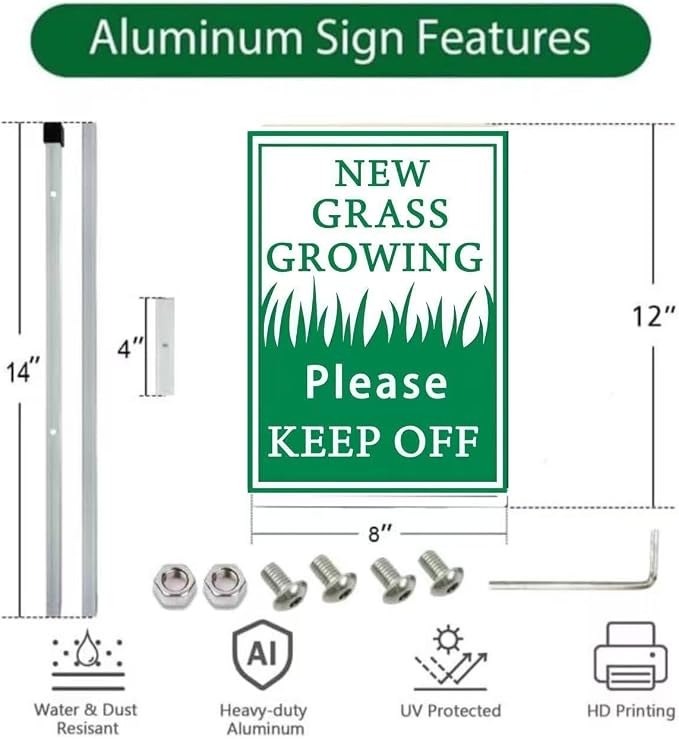 New Grass Growing Please Stay Out Of Yard Sign With Stakes(8 * 12in) Rustproof Reflective Aluminum Keep Off Grass Lawn Sign Stand for Home Garden