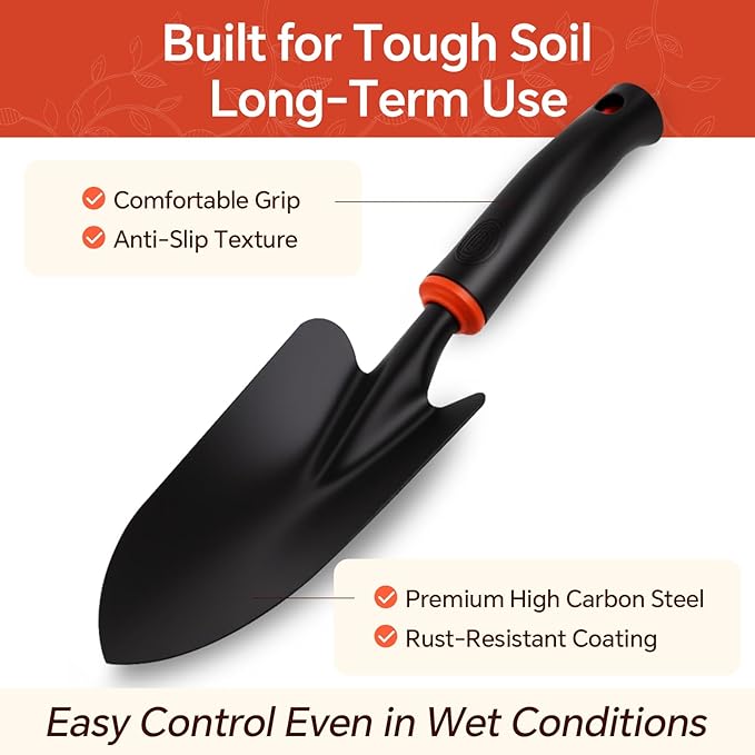 Vinid 4-Piece Heavy-Duty Garden Tool Set, Wide & Narrow Trowel, Root Remover, 3-Tine Cultivator, Hand Rake with Soft Rubber Non-Slip Handle, Idea Gift for Women, Mother