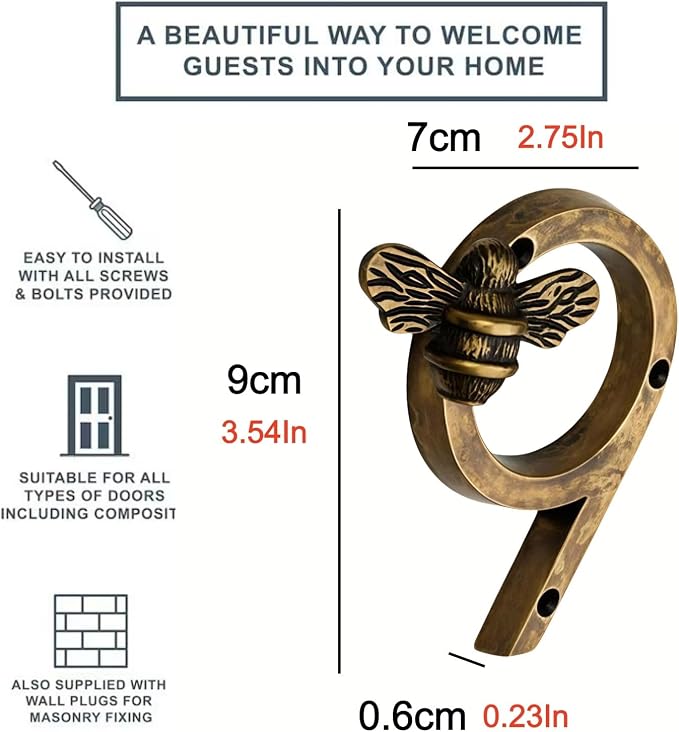 Aimery Bee House Number Sign, Classical Style 0-9 Metal, 3.5 inch for Outside, Motels，Address Numbers for House, Mailbox(Gold,9)