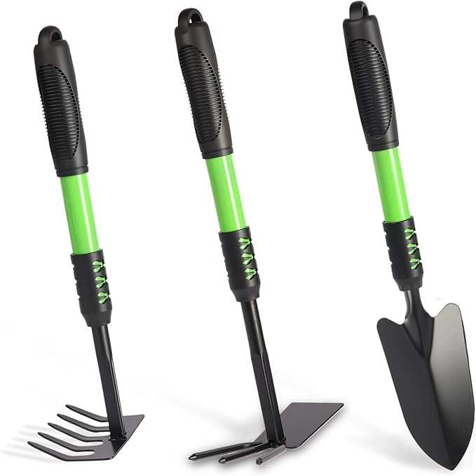 Garden Shovel, 3 Pack Lightweight Heavy Duty Spade Shovel, Garden Tools and Hand Rake with Soft Rubber Non-Slip Handle, for Gardenging Planting Weeding Digging, Green ﻿