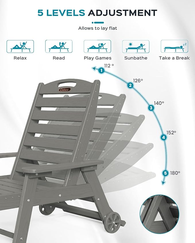 Ciokea Outdoor Lounge Chair Set of 4, All Weather Patio Chaise Lounge Chairs for Outside, HDPE Chair with Rolling Wheels & Cup Holder, 5 Position, Deck, Pool, Grey