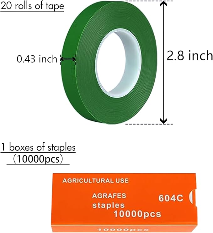 20 Rolls 1640 FT Green Plant Grafting Tape+10000Pcs Staples for Plant Tying Machine,Nursery Tree Tape Support for Climbing Plants Indoor Outdoor, Tree, Vegetables, Branches
