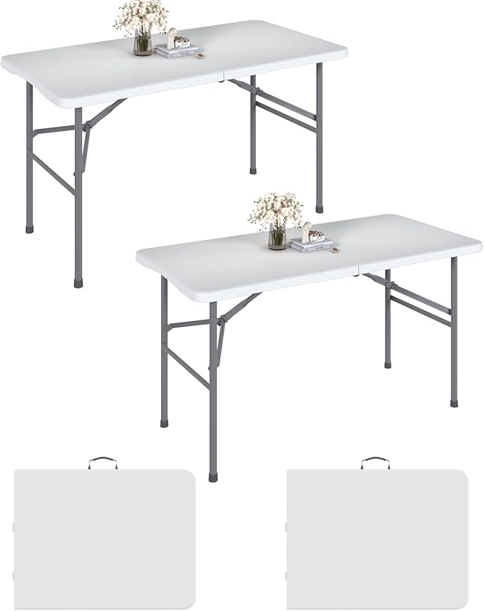 2 Pack 4FT White Folding Table for Outdoor, 4 Foot Picnic Tables No Assembly Required Portable, White Foldable Table for Camping, Parties, Meeting, Events, Wedding, with Carrying Handle