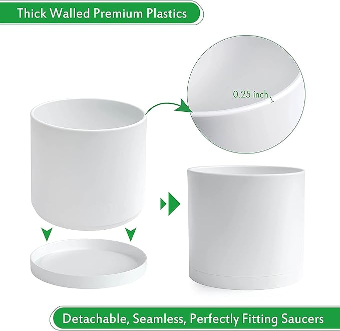 D'vine Dev 8 Inch Plastic Planter Pots for Plant Pot with Drainage Hole and Seamless Saucers, White Color, 74-X-A-1