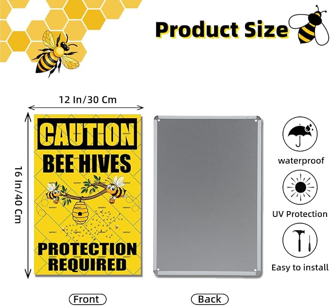 EMOHAT Caution Bee Hives Protection Required Metal Tin Sign, Beekeeping Apiary Warning Sign, 16x12 Inch Rustic Outdoor Theme Decor for Shed Garden Home Office